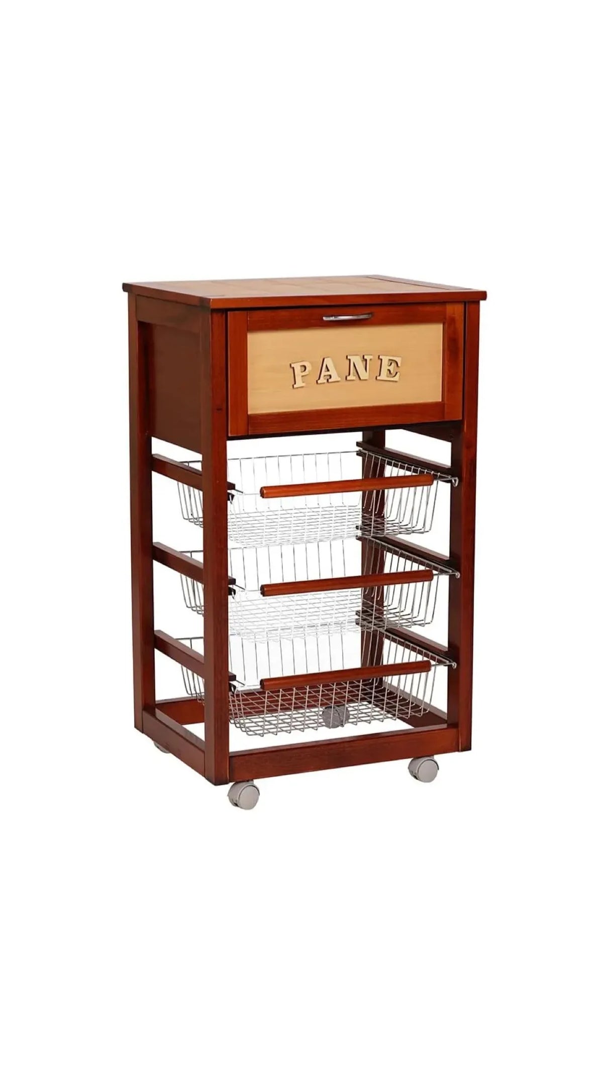 Carrello da cucina ciliegio con anta porta pane, cestelli in acciaio e piano in ceramica