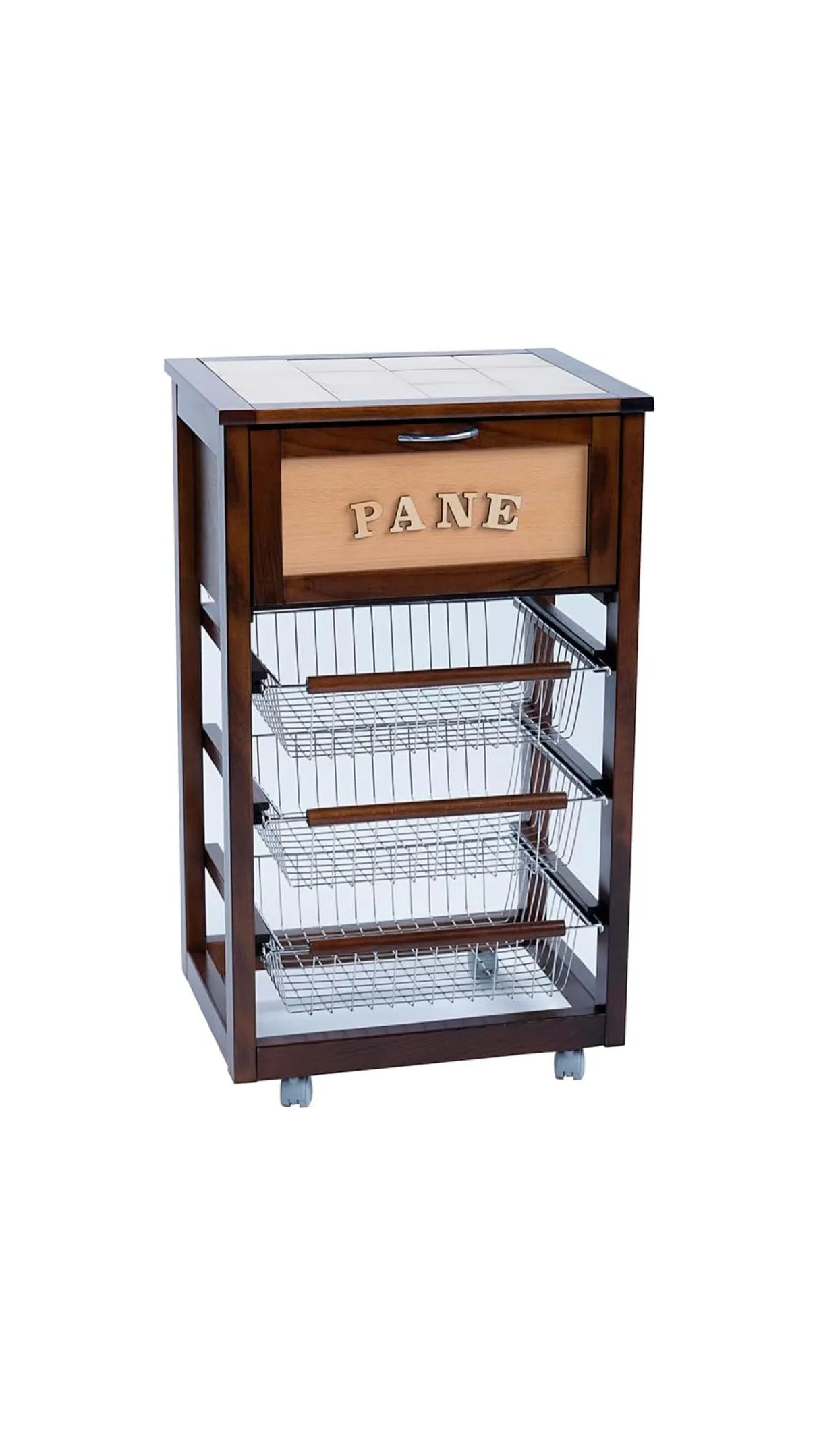 Carrello da cucina in legno noce con porta pane, piano in ceramica e cestelli in acciaio