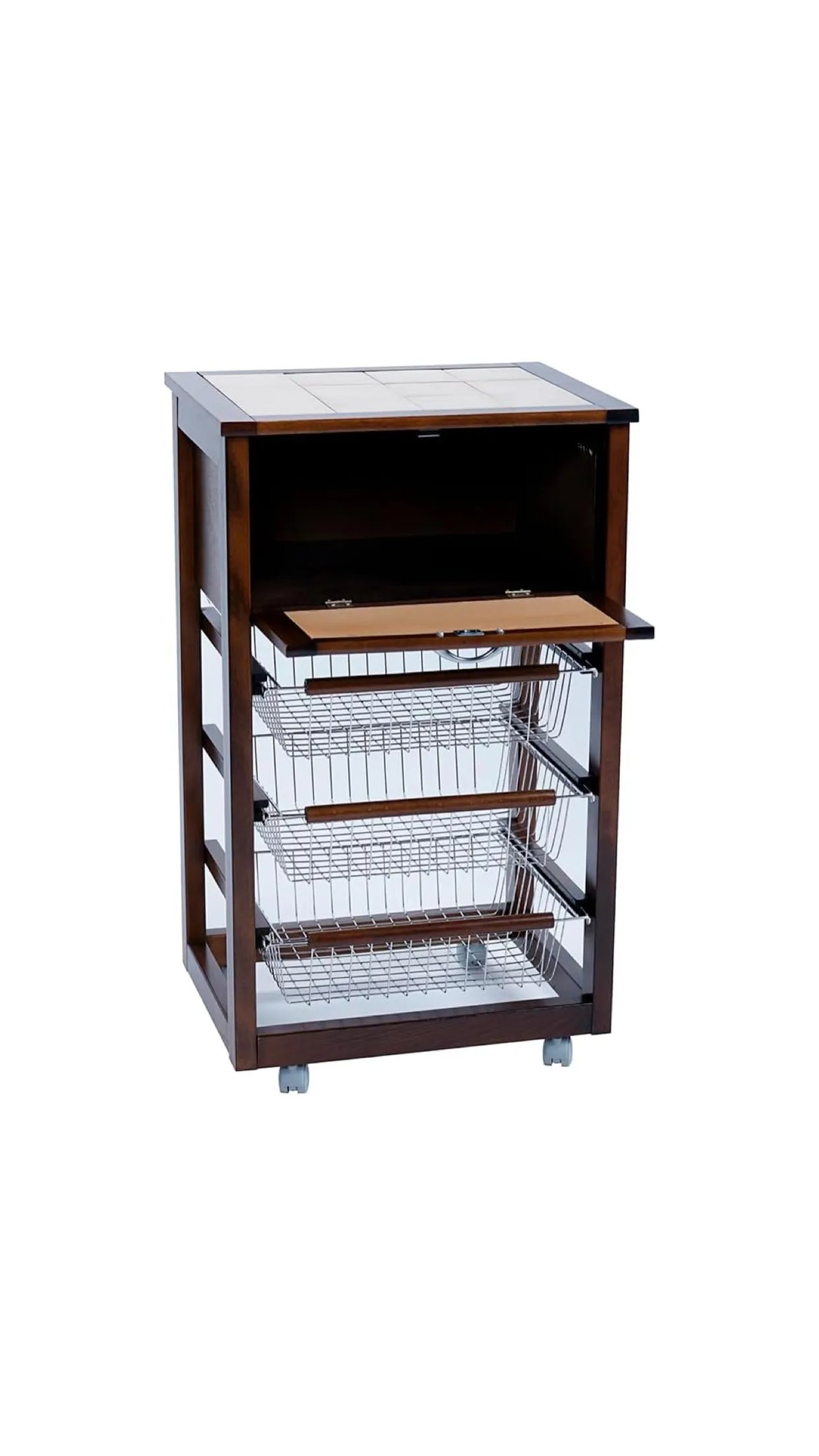 Carrello da cucina in legno noce con porta pane, piano in ceramica e cestelli in acciaio