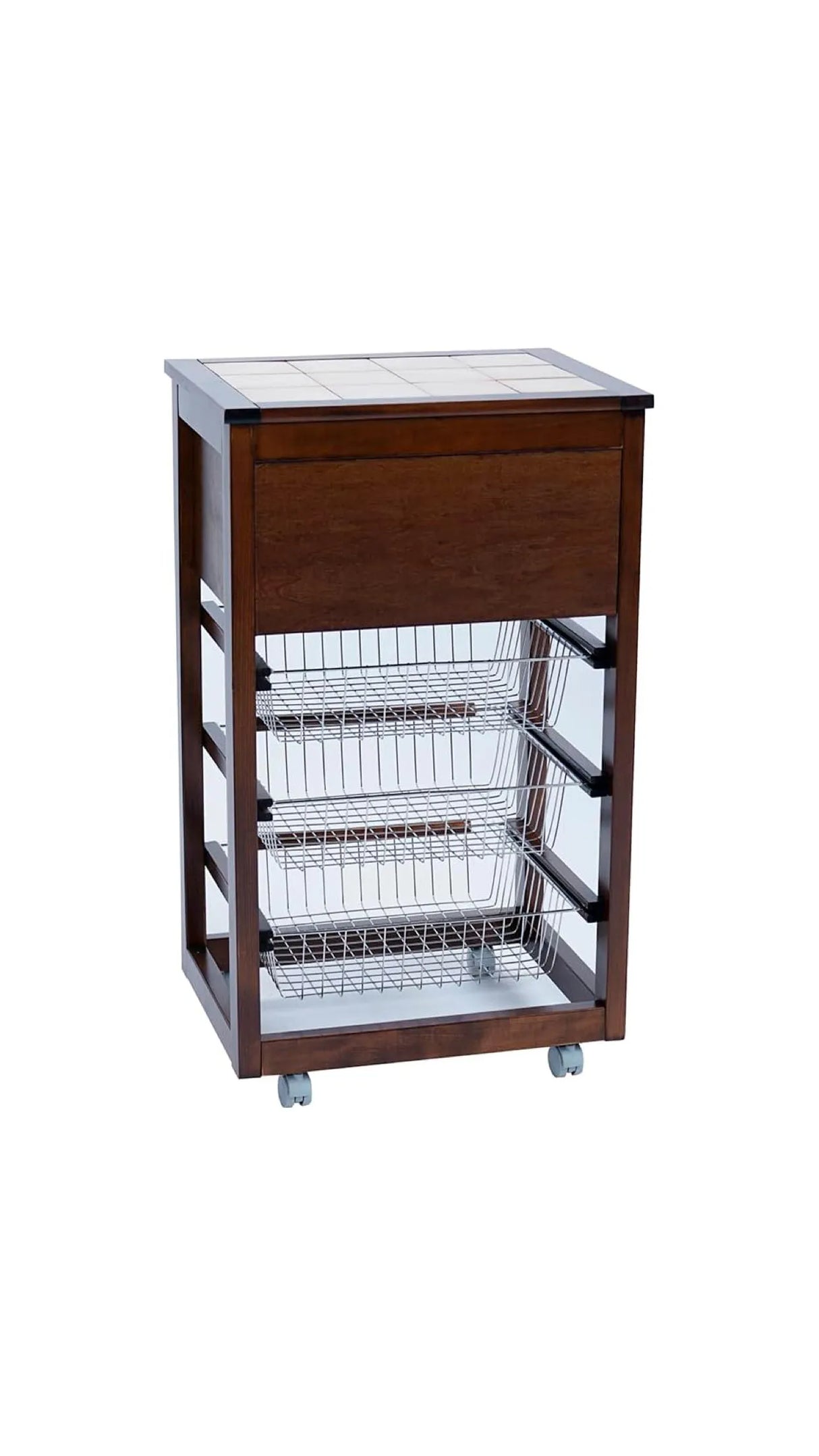 Carrello da cucina in legno noce con porta pane, piano in ceramica e cestelli in acciaio