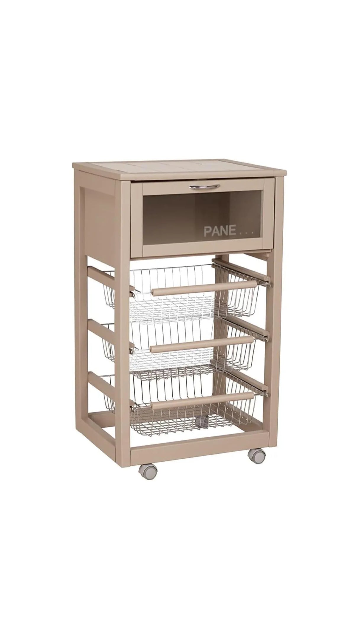 Carrello da cucina tortora con cesti in acciaio e piano in ceramica