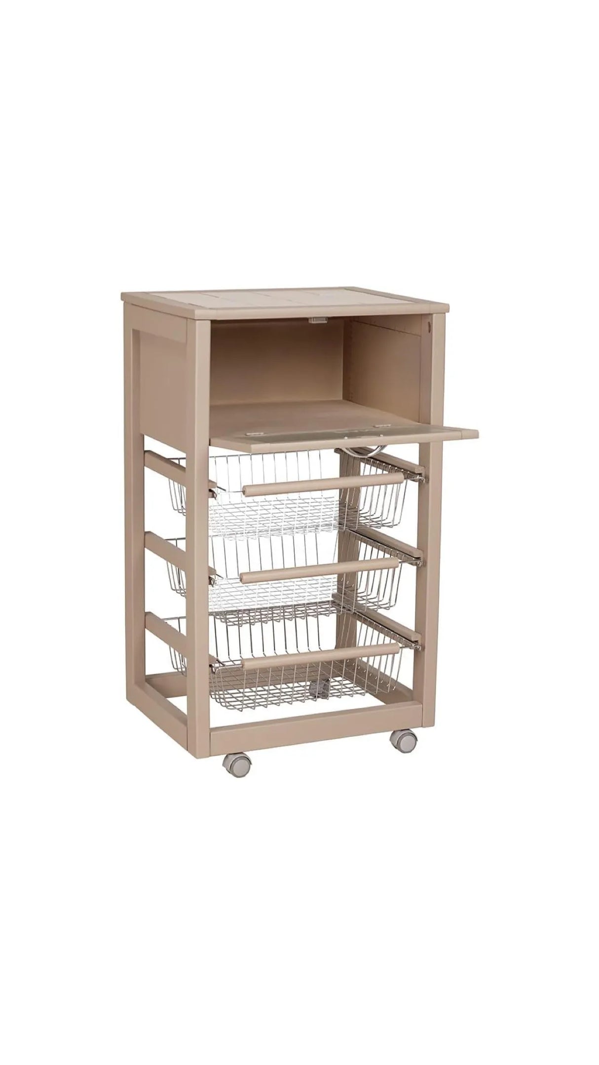 Carrello da cucina tortora con cesti in acciaio e piano in ceramica