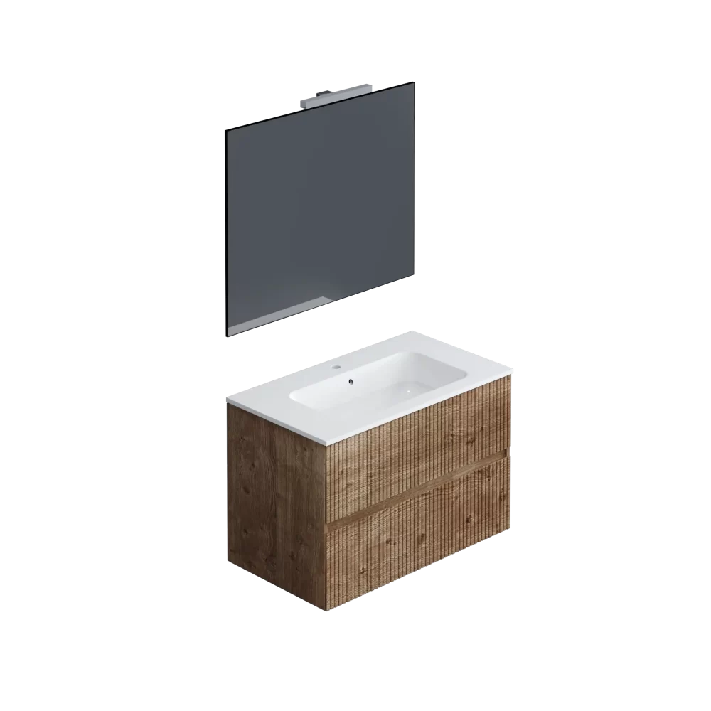 Composizione bagno sospesa modello Brigitte con lavabo in ceramica, base con cassetti effetto millerighe e specchio filo lucido.