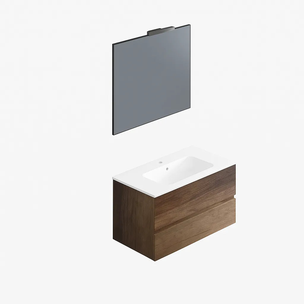 Composizione bagno sospesa modello Ester con lavabo in ceramica, specchio con faretto e cassetti laminati Lux in stile moderno.