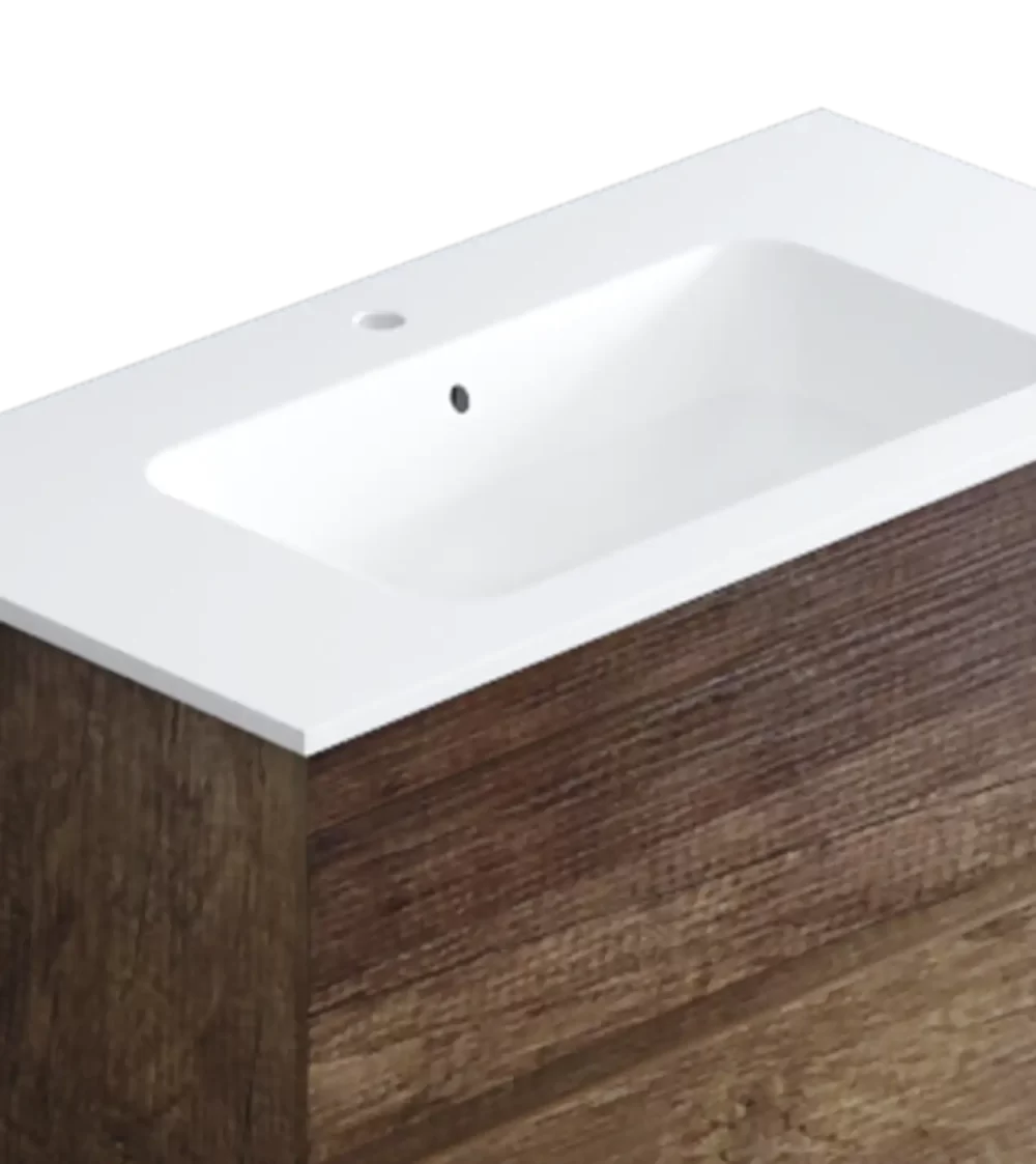 Composizione bagno sospesa modello Ester con lavabo in ceramica, specchio con faretto e cassetti laminati Lux in stile moderno.