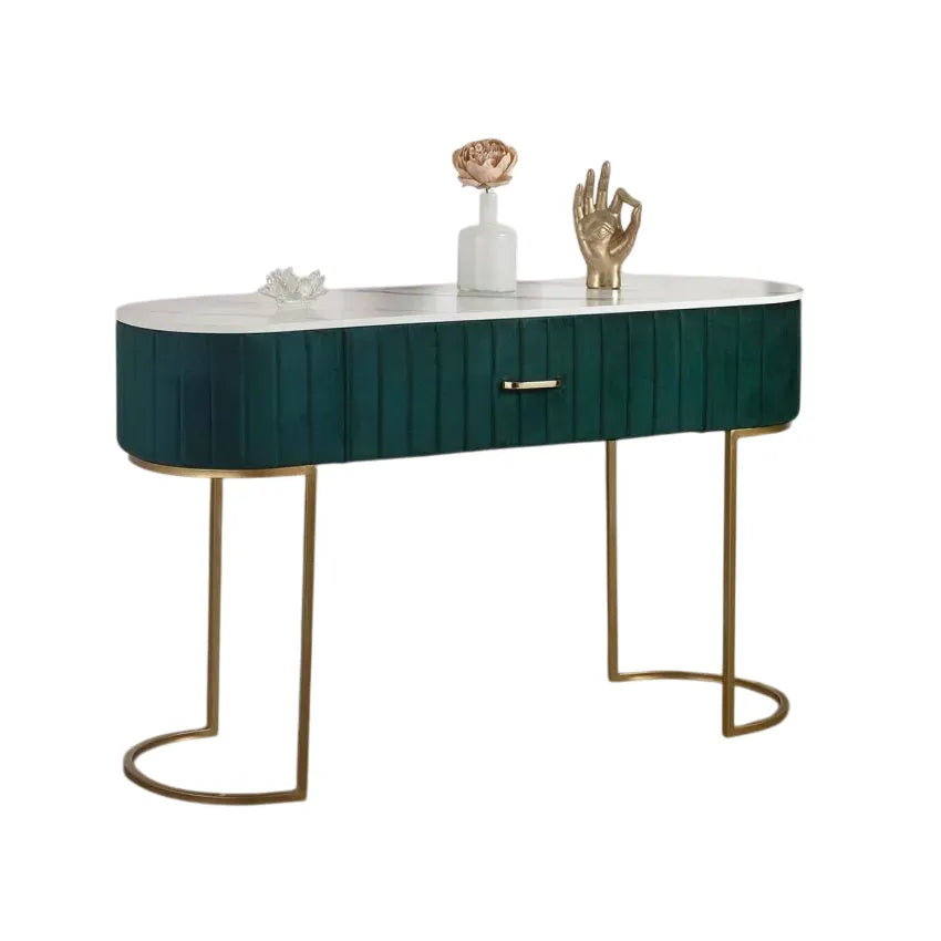 Consolle Kim in velluto verde con piano effetto marmo e gambe oro