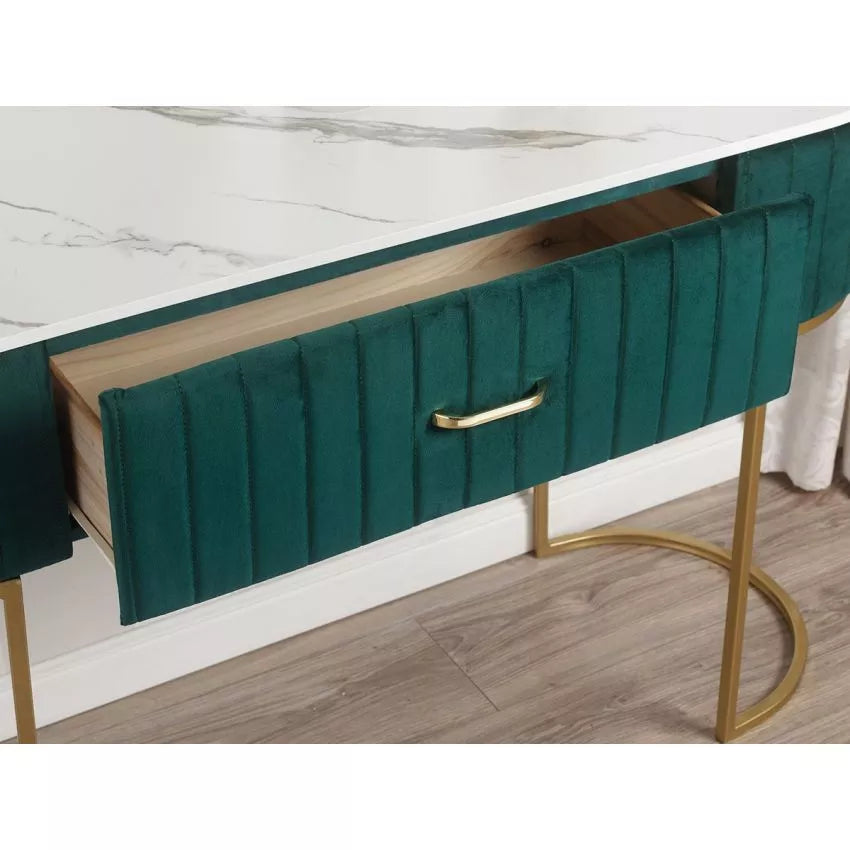 Consolle Kim in velluto verde con piano effetto marmo e gambe oro