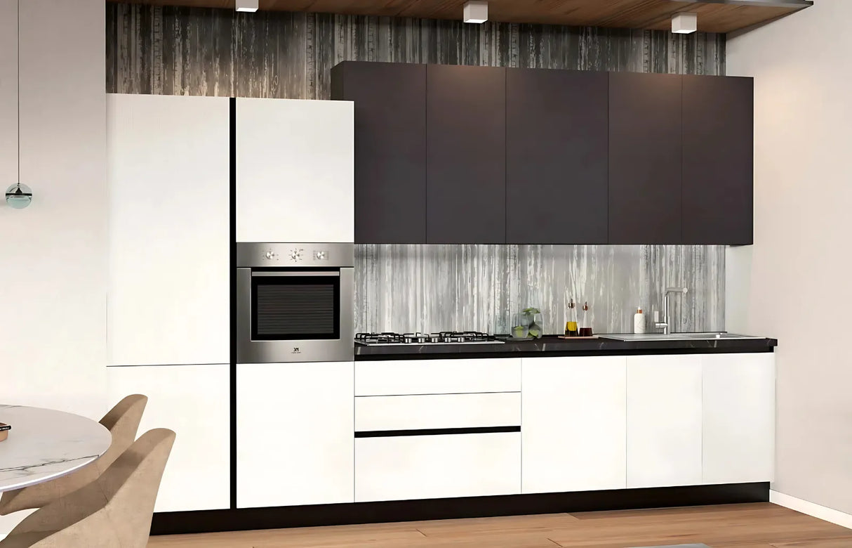 Cucina Armonia 363 cm moderna bianco frassinato e antracite con elettrodomestici Candy