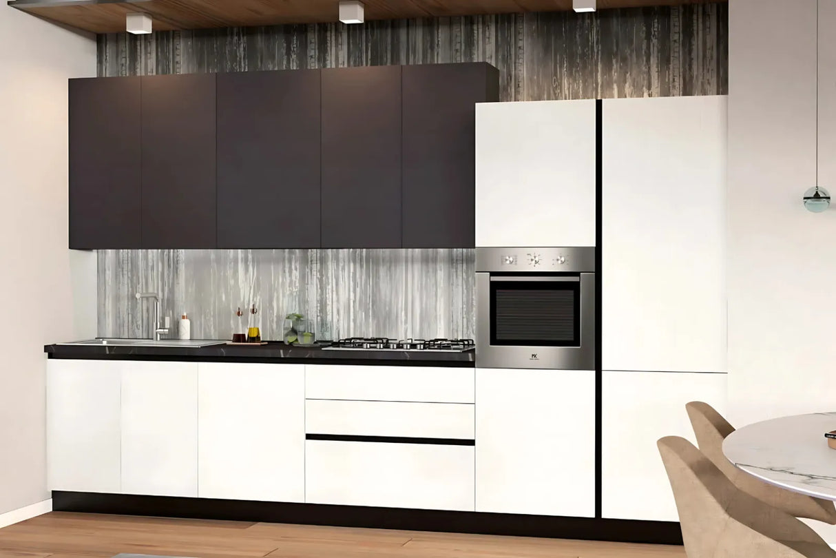 Cucina Armonia 363 cm moderna bianco frassinato e antracite con elettrodomestici Candy
