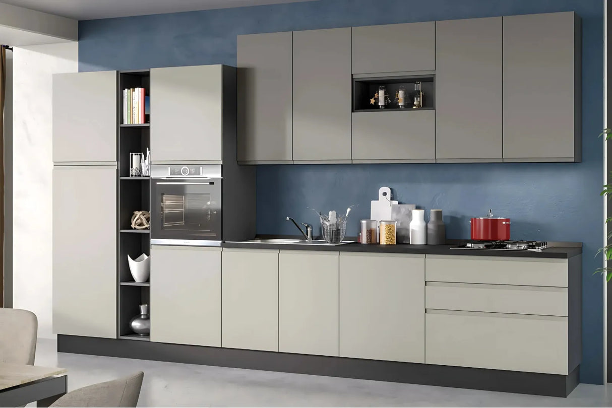 Cucina Dafne 360 cm moderna in grigio acciaio e antracite con elettrodomestici Candy