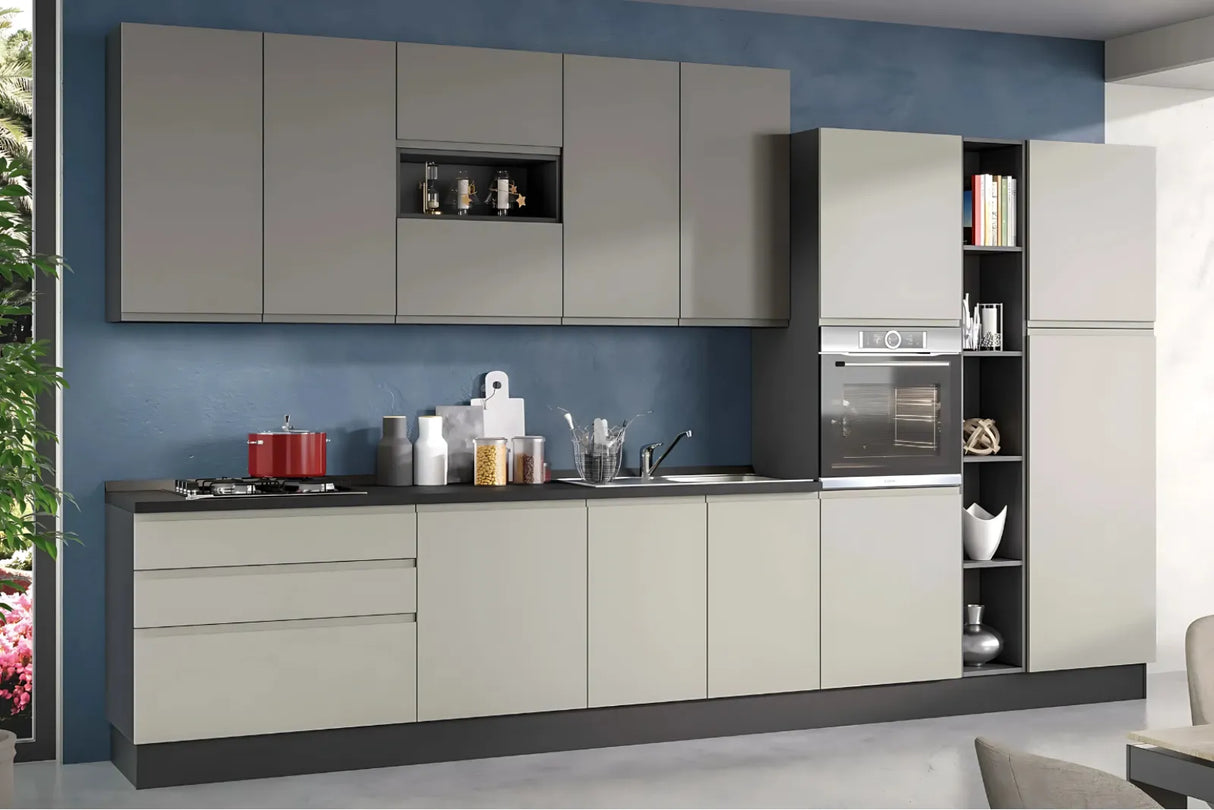 Cucina Dafne 360 cm moderna in grigio acciaio e antracite con elettrodomestici Candy