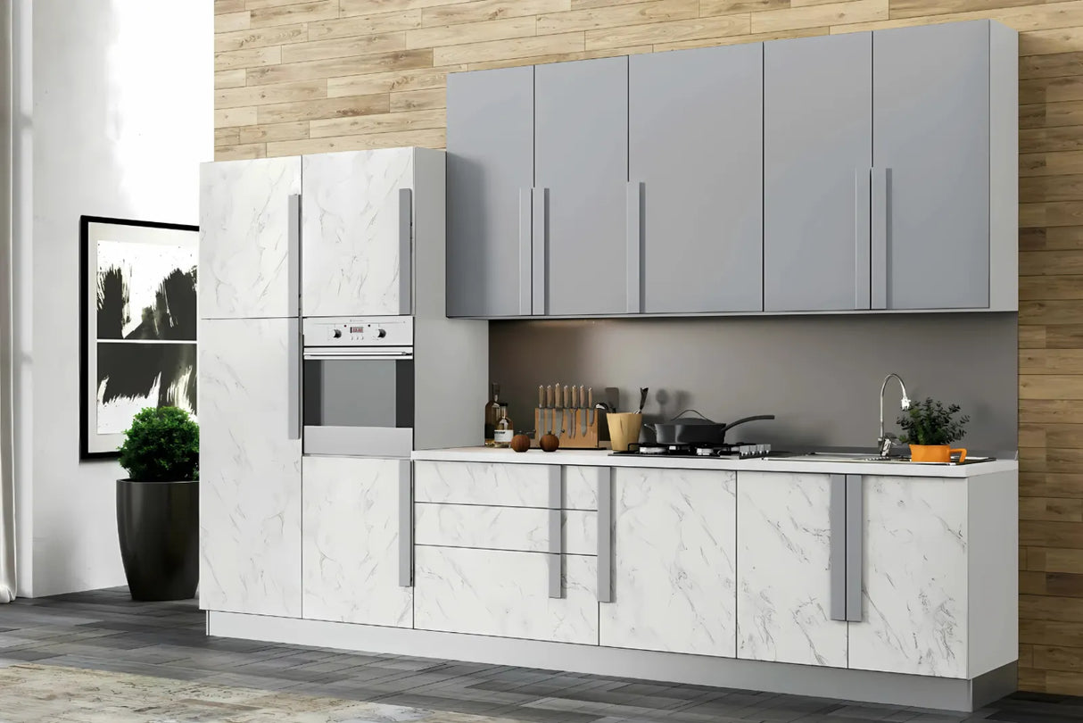Cucina elba 360 cm moderna con colonne effetto marmo e pensili grigio chiaro