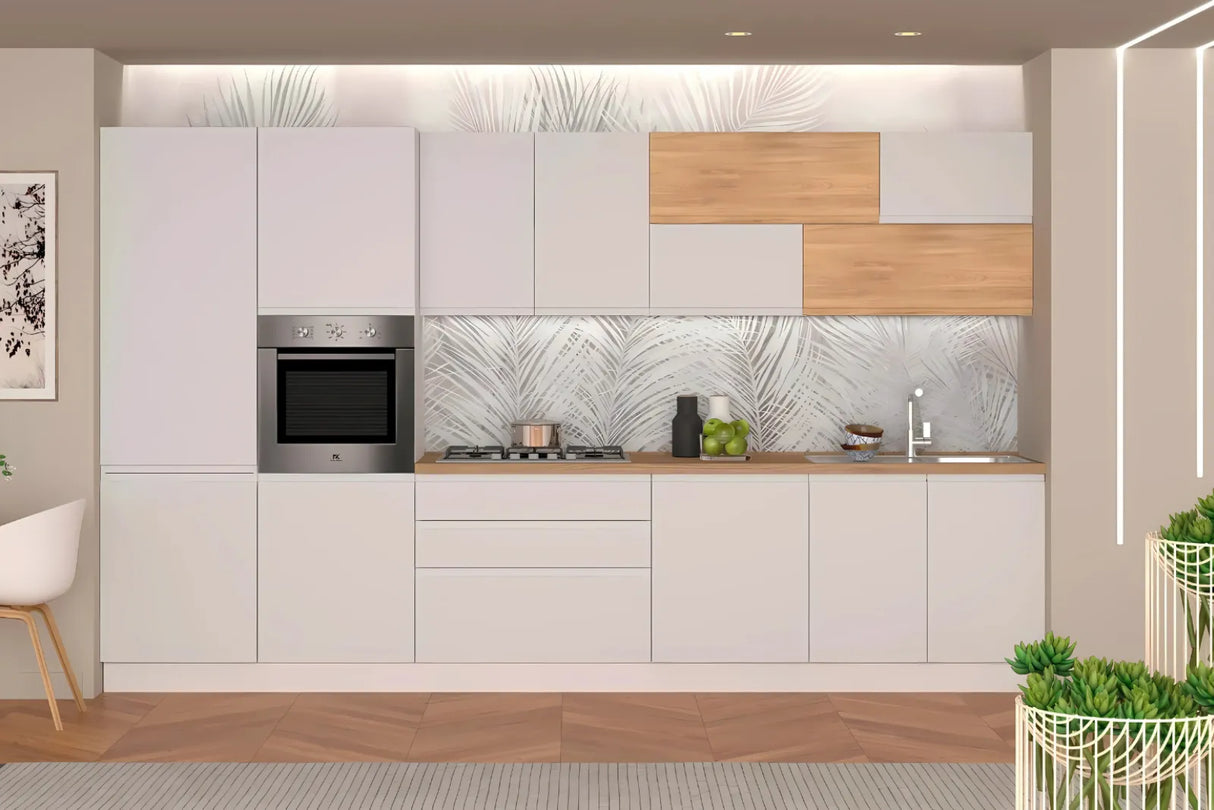 Cucina Evelyn 360 cm moderna in bianco opaco e rovere rustico con elettrodomestici Candy