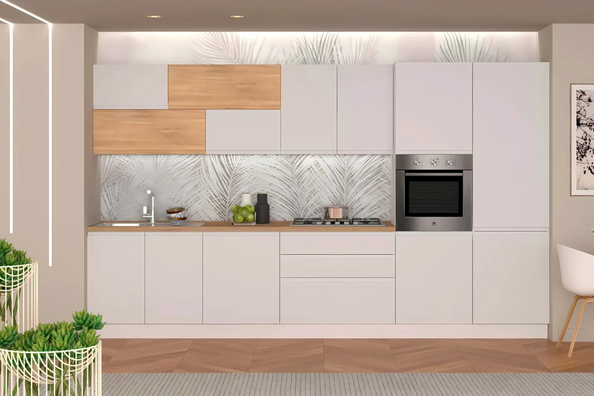 Cucina Evelyn 360 cm moderna in bianco opaco e rovere rustico con elettrodomestici Candy