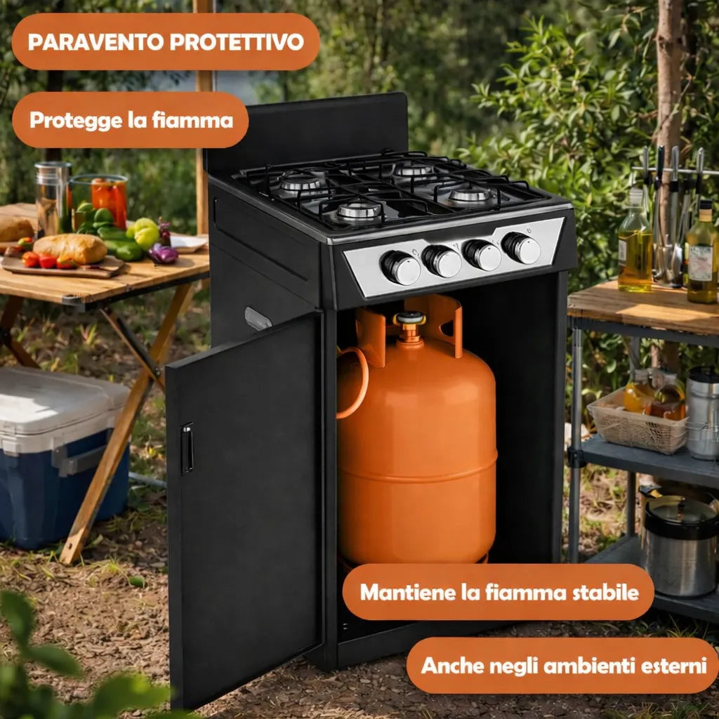 Cucina a gas compatta Staylux 4 fuochi con vano bombola, ideale per spazi ridotti