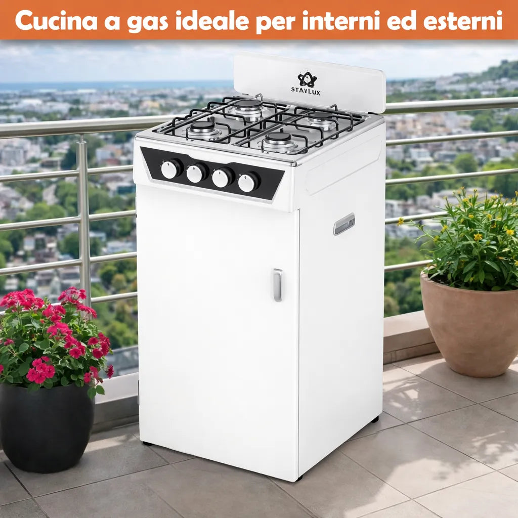 Cucina a gas compatta Staylux 4 fuochi con vano bombola, ideale per spazi ridotti