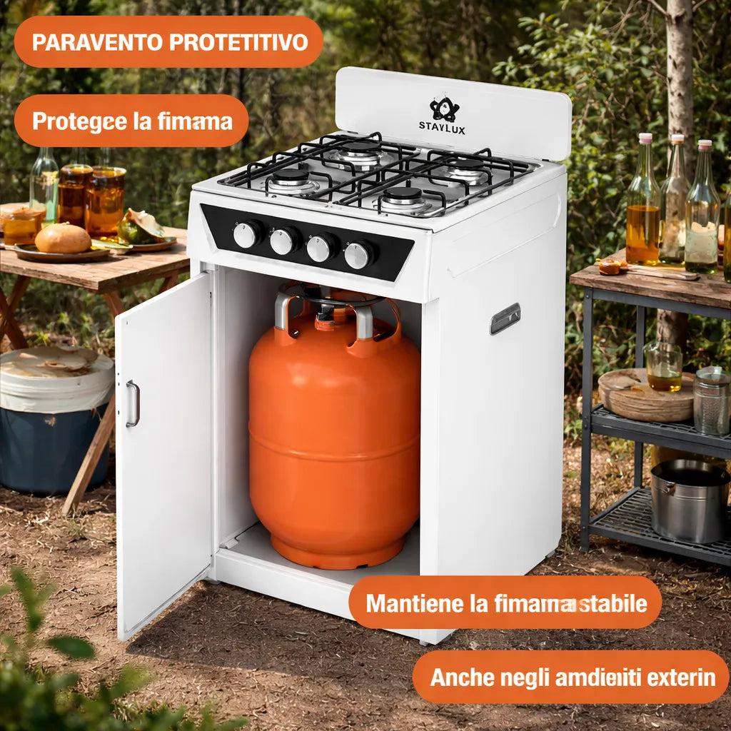 Cucina a gas compatta Staylux 4 fuochi con vano bombola, ideale per spazi ridotti