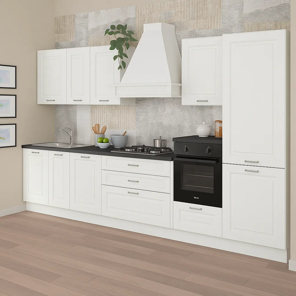 Cucina ilaria Bianca 360 cm con ante in frassino bianco, colonne, pensili e basi moderne, completa di elettrodomestici Candya