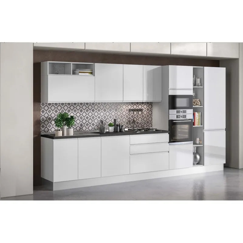 Cucina kora 390 cm bianca lucida con ante a gola e completa di elettrodomestici