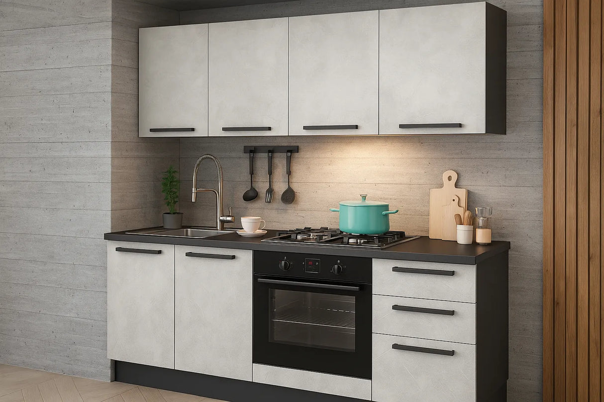 Cucina Nova 195 cm moderna in stile industrial con ante grigio ossido e pensili gesso, completa di forno, piano cottura e lavello inox