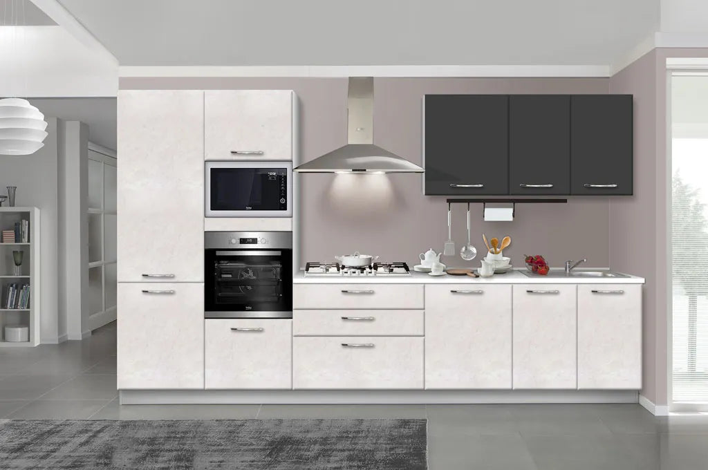 Cucina Silvia 360 cm con ante in MDF 3D, top effetto marmo, maniglie Venere ed elettrodomestici Candy inclusi. Design funzionale e moderno.