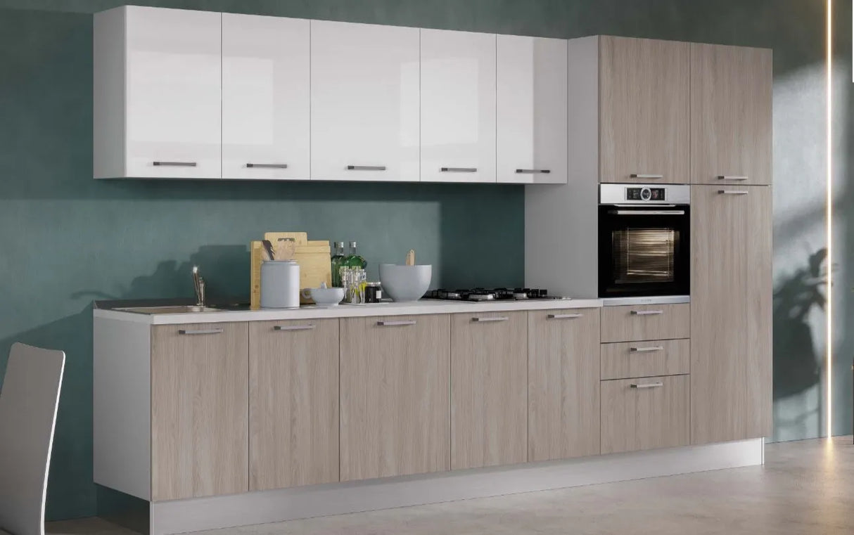 Cucina SOFIA 360 cm moderna con colonne, pensili bianchi e basi effetto olmo