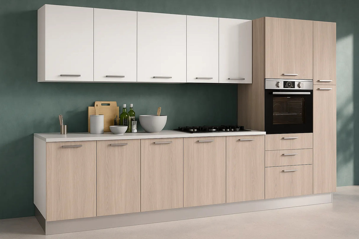 Cucina Sofia 360 cm moderna con colonne, pensili bianchi e basi effetto olmo