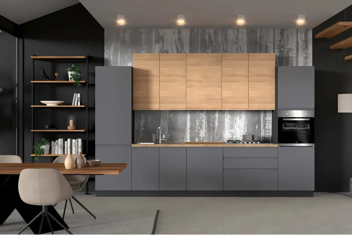 Cucina Stella 360 cm moderna con finitura grigio e rovere, elettrodomestici Candy inclusi