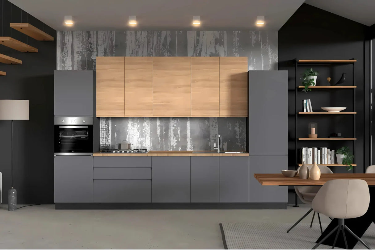 Cucina Stella 360 cm moderna con finitura grigio e rovere, elettrodomestici Candy inclusi