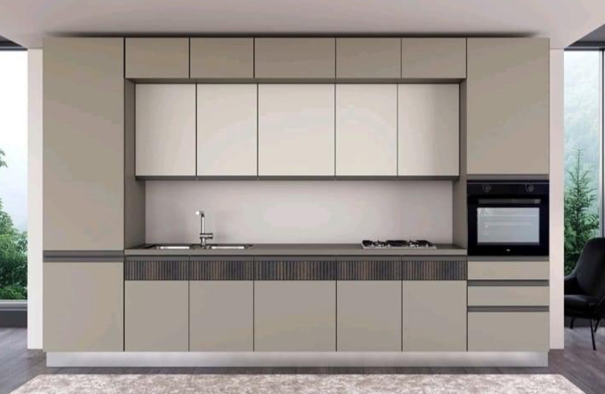Cucina Zen 360 cm con ante cachemire e basalto, top effetto fango, gola integrata, elettrodomestici Candy inclusi, design moderno e componibile.