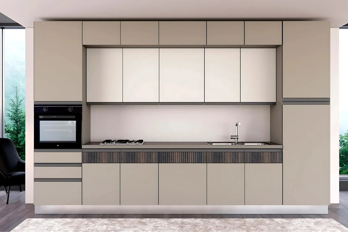 Cucina Zen 360 cm con ante cachemire e basalto, top effetto fango, gola integrata, elettrodomestici Candy inclusi, design moderno e componibile.