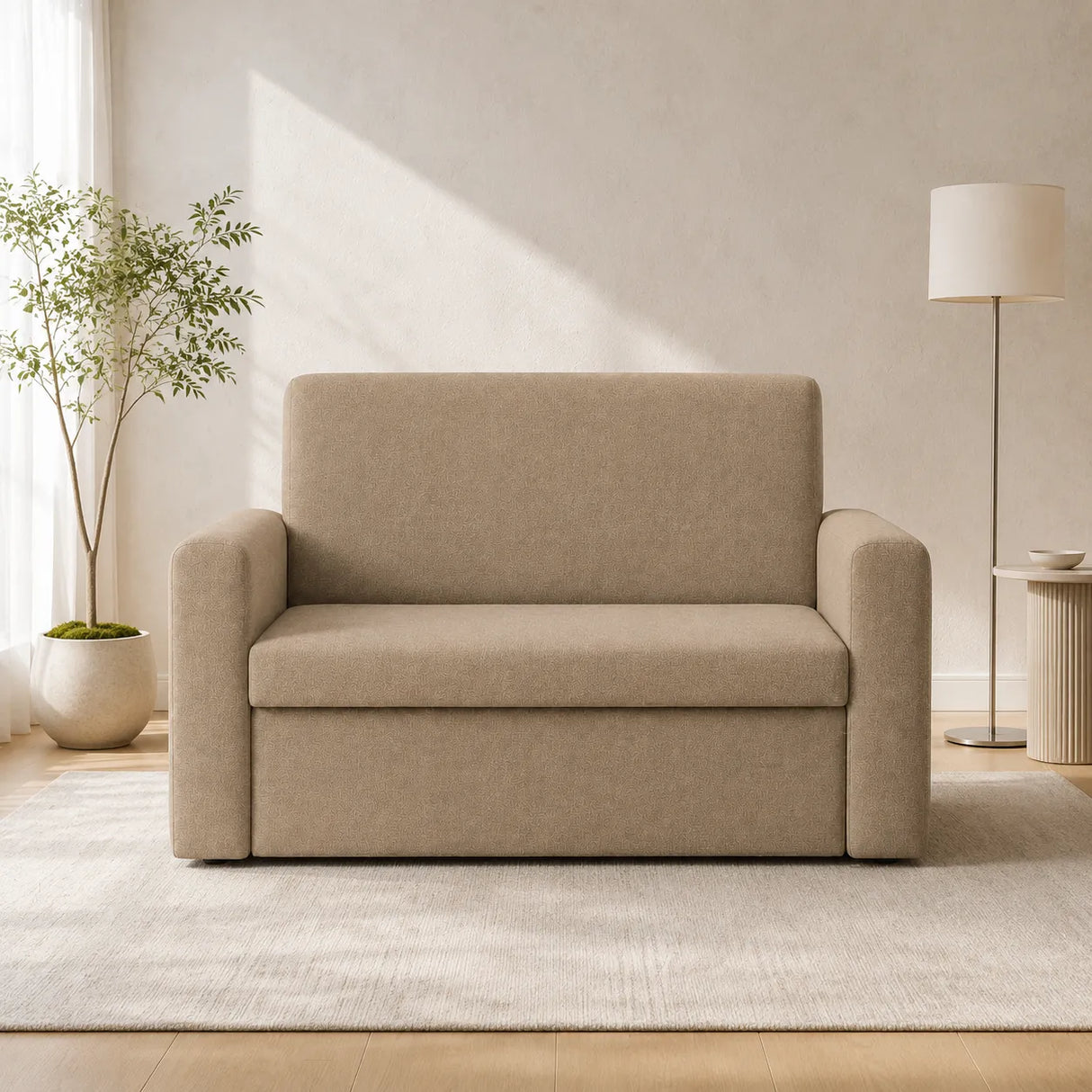 Divanetto salvaspazio 2 posti da 120 cm in tessuto. Disponibile beige, grigio chiaro e grigio scuro.