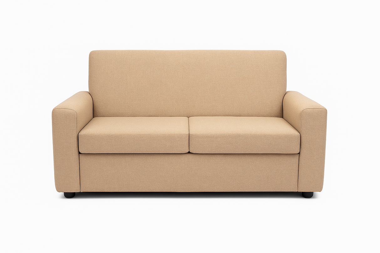 Divano 2 posti in tessuto beige con braccioli squadrati e piedini neri