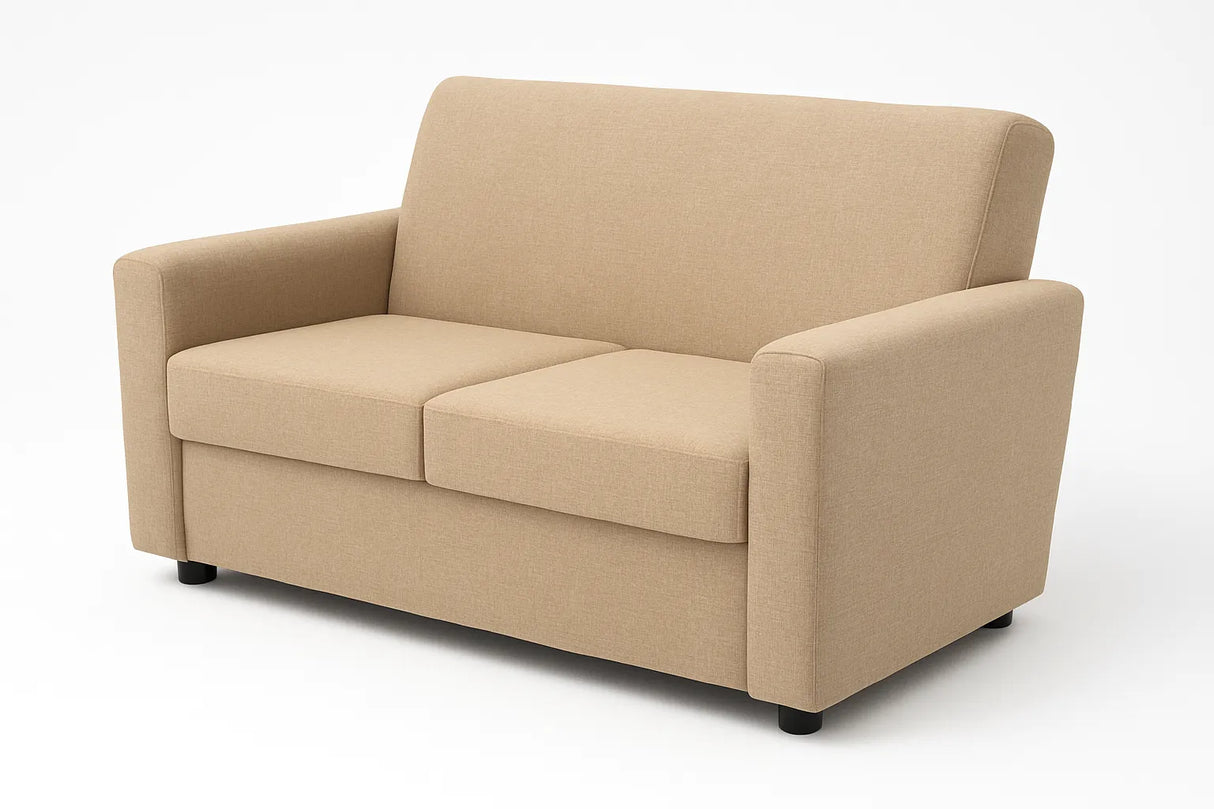Divano 2 posti in tessuto beige con braccioli squadrati e piedini neri