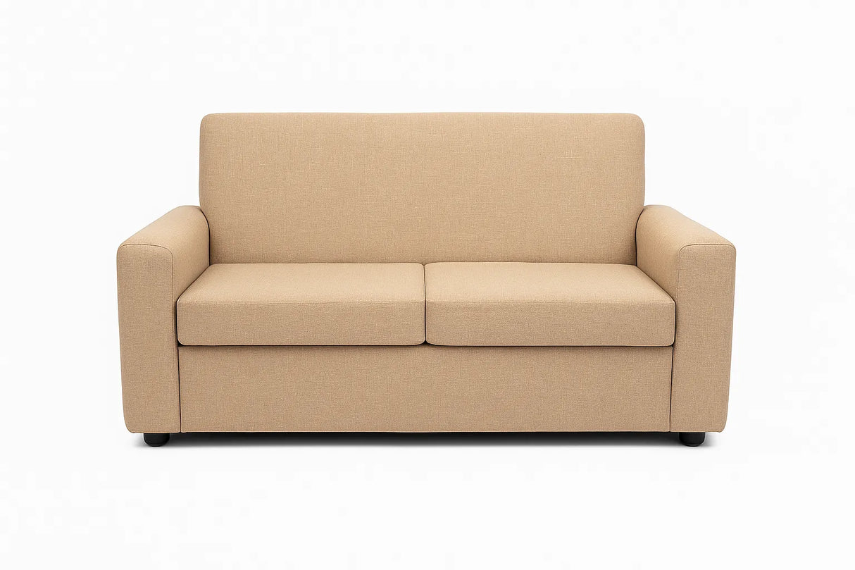 Divano 2 posti in tessuto beige con braccioli squadrati e piedini neri