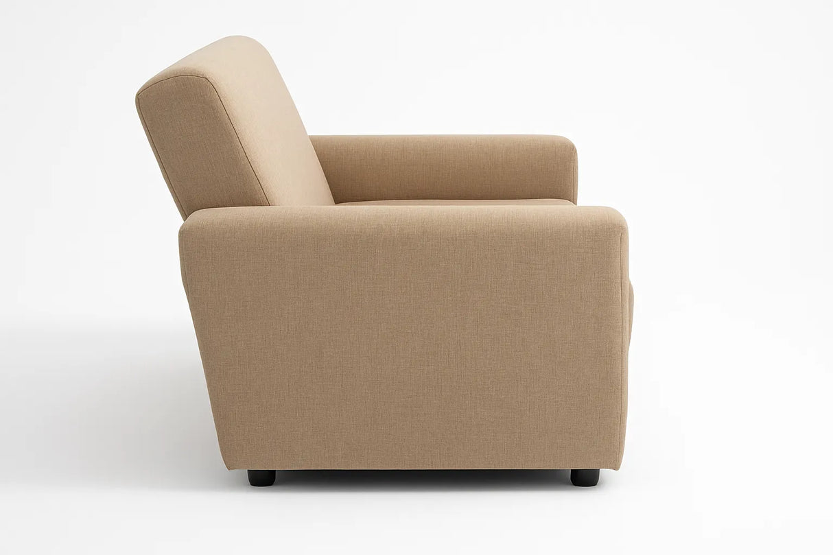 Divano 2 posti in tessuto beige con braccioli squadrati e piedini neri