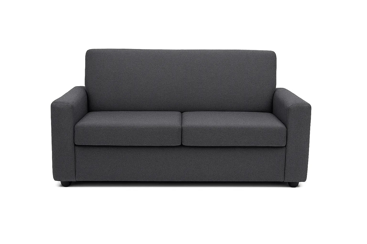 Divano 2 posti in tessuto grigio moderno con braccioli squadrati e piedini neri