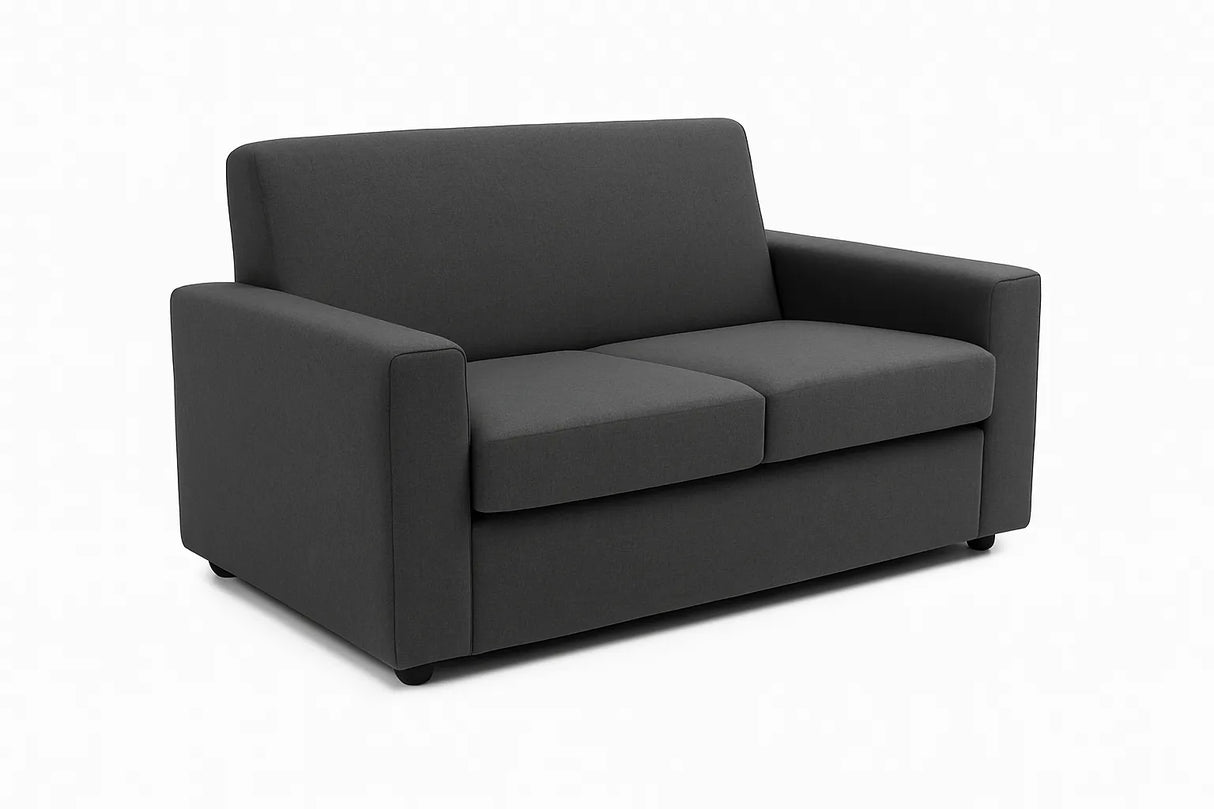 Divano 2 posti in tessuto grigio moderno con braccioli squadrati e piedini neri