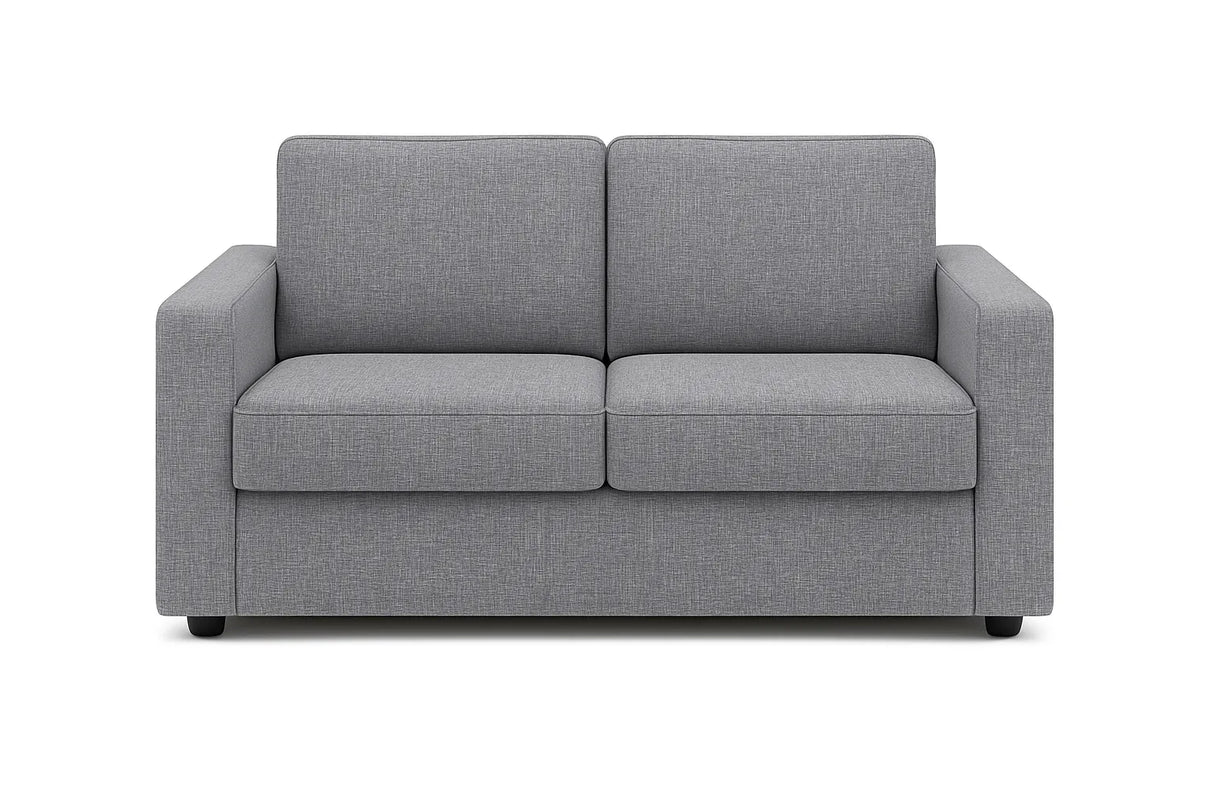 Divano 2 posti in tessuto grigio moderno con braccioli squadrati e piedini neri