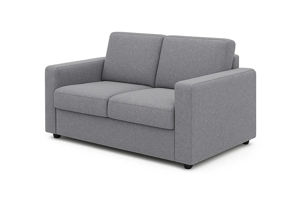 Divano 2 posti in tessuto grigio moderno con braccioli squadrati e piedini neri