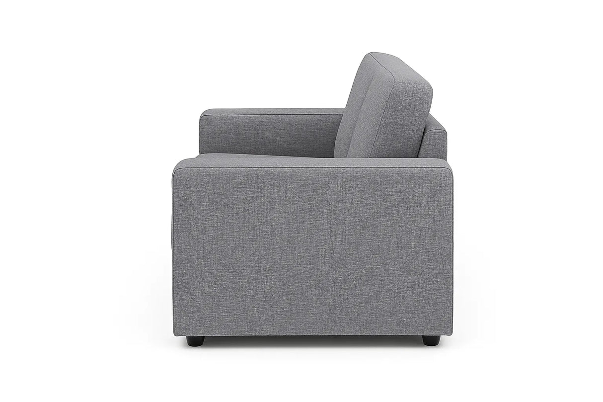 Divano 2 posti in tessuto grigio moderno con braccioli squadrati e piedini neri