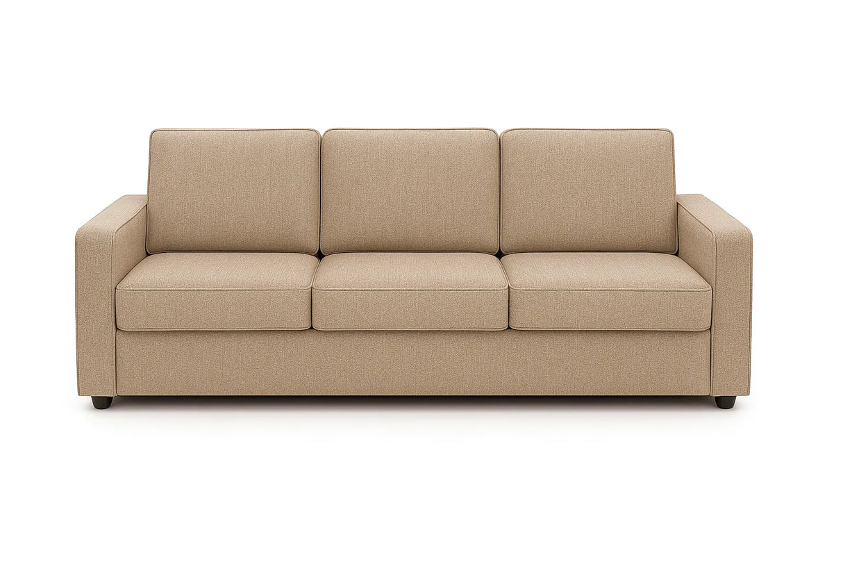 Divano 3 posti in tessuto beige moderno con braccioli squadrati e piedini neri