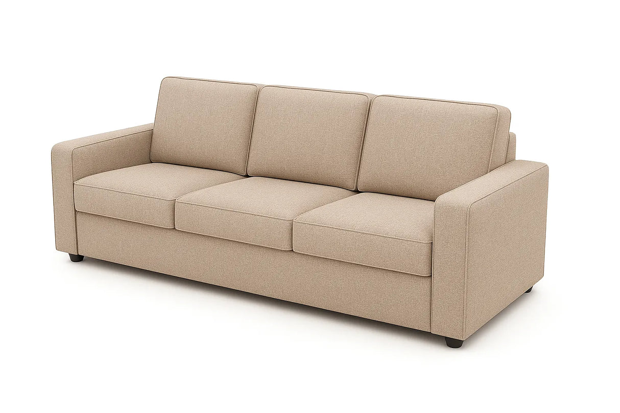 Divano 3 posti in tessuto beige moderno con braccioli squadrati e piedini neri