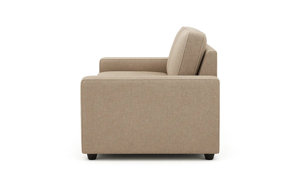 Divano 3 posti in tessuto beige moderno con braccioli squadrati e piedini neri