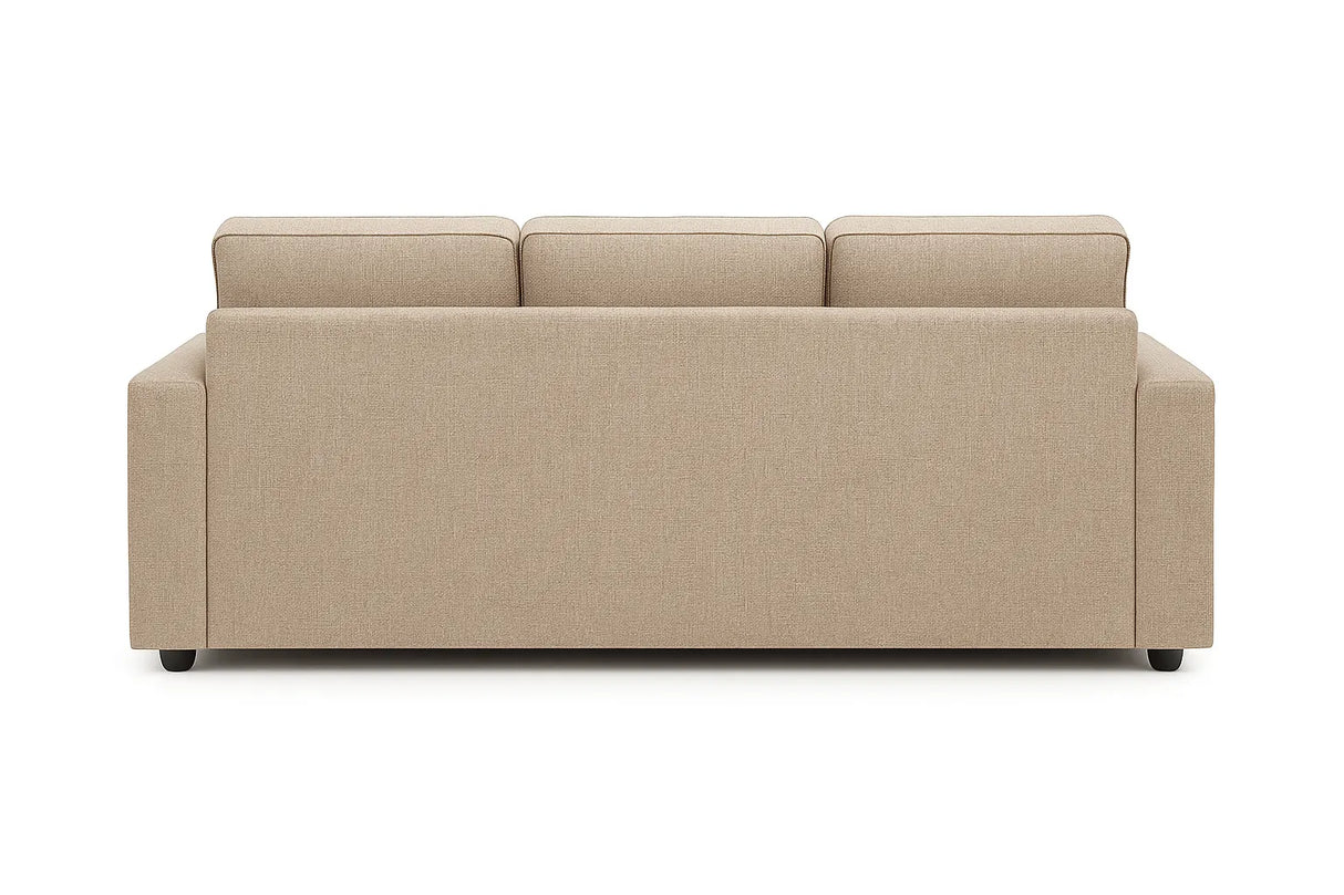 Divano 3 posti in tessuto beige moderno con braccioli squadrati e piedini neri