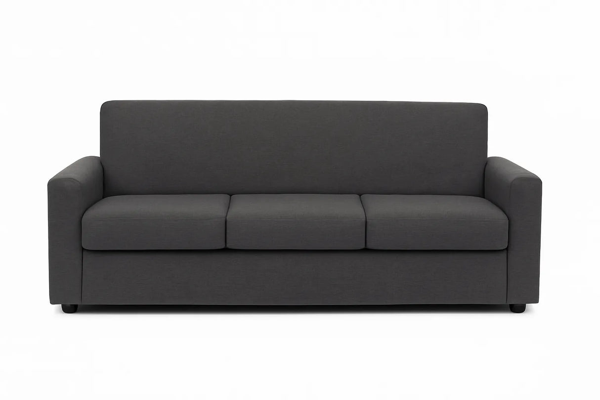 Divano 3 posti in tessuto grigio moderno con braccioli squadrati e piedini neri