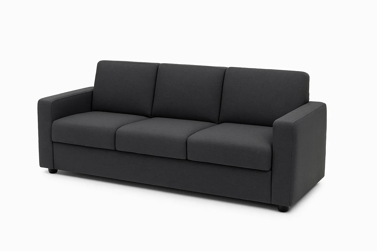 Divano 3 posti in tessuto grigio moderno con braccioli squadrati e piedini neri