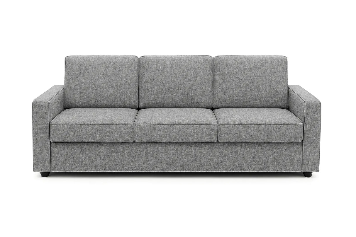 Divano 3 posti in tessuto grigio moderno con braccioli squadrati e piedini neri