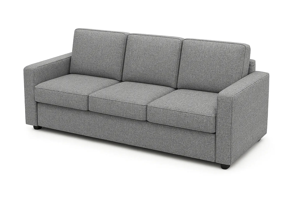 Divano 3 posti in tessuto grigio moderno con braccioli squadrati e piedini neri