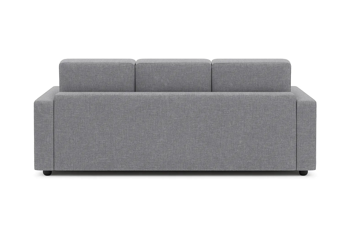 Divano 3 posti in tessuto grigio moderno con braccioli squadrati e piedini neri